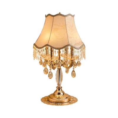 Paneled Bell Fabric Night Table Lamp Classic 4 Heads Bedside Nightstand Lighting in Gold with Crystal Accent
