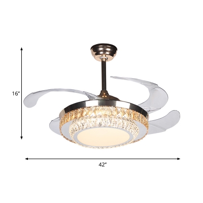 Silver Circular LED Hanging Lamp Kit Modern Crystal Rectangle Pendant Light Fixture with 4 Blades, 42
