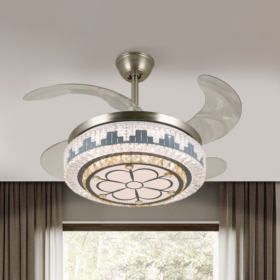 Stainless Steel LED Fan Light Fixture Modern Crystal Embedded Drum Semi Flush Mount Ceiling Light with 4 Blades, 19