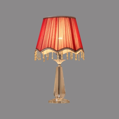 Traditional Scalloped Night Lighting 1-Bulb Fabric Nightstand Lamp in Beige/Red/Blue with Dangling Crystal Detail
