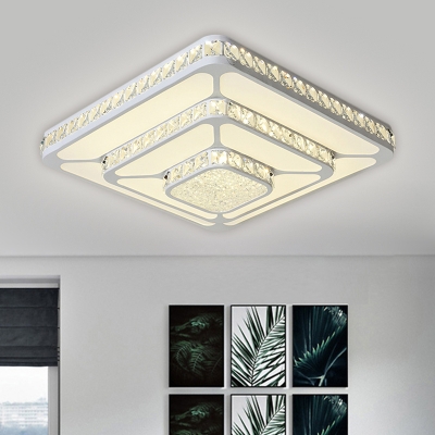 White Tiered Square Ceiling Lamp Modernity LED Crystal Flush Light Fixture in Warm/White Light for Bedroom
