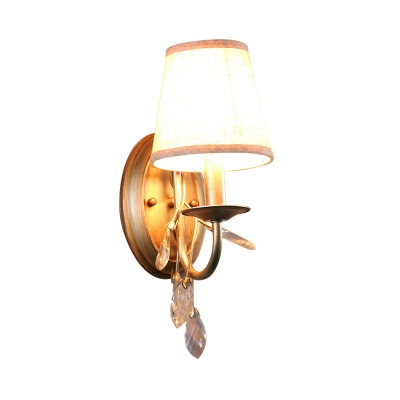 1/2-Bulb Cone Shade Wall Lamp Modern Style White Fabric Wall Sconce with Gold Curved Arm