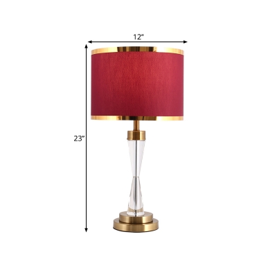 1 Light Table Lamp Traditional Bedroom Night Lighting with Drum Fabric Shade in Red