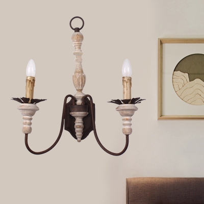 2-Bulb Swag Sconce Light Fixture Rural Rust Iron Wall Lamp with Wood Candle Design