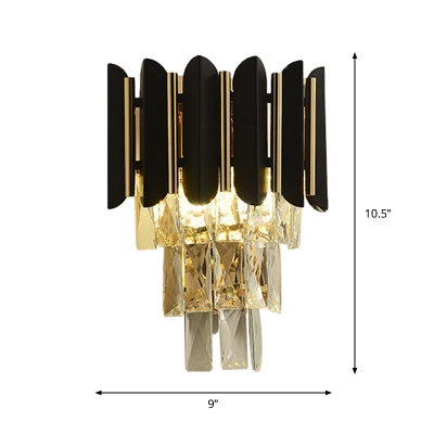 2 Heads Bedroom Wall Mount Lamp Contemporary Style Black Sconce with Tiered Crystal Block Shade