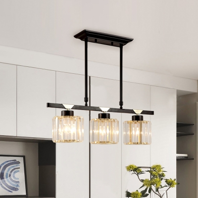 3/4 Heads Cylinder Island Light Fixture Traditional Black Clear Crystal Ceiling Suspension Lamp