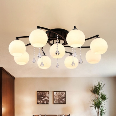 3/5/7 Heads Sphere Ceiling Light Modern White Glass Shade Semi Flush Chandelier in Black with Crystal Drops