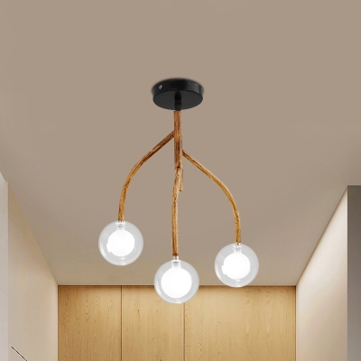 3 Bulbs Ball Semi Flush Mount Light Classic Brown Transparent Glass Ceiling Lighting