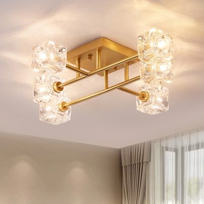 4/6 Bulbs Bedroom Semi Flush Light Modern Gold Ceiling Mounted Fixture with Cubic Crystal Shade