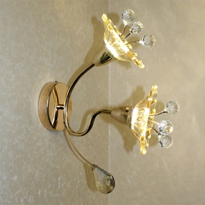Amber Crystal Daisies Wall Lamp Modern Style 2-Head Bedroom LED Sconce Light in Gold