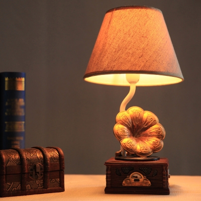 Barrel Sleeping Room Table Light Fabric 1-Head Simplicity Night Lamp with Resin Phonograph Base in Brown