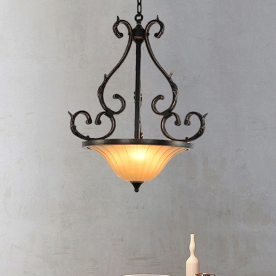 Bell Frosted Glass Hanging Lamp Traditional 3 Bulbs Dining Room Drop Pendant with Scroll Arm in Bronze