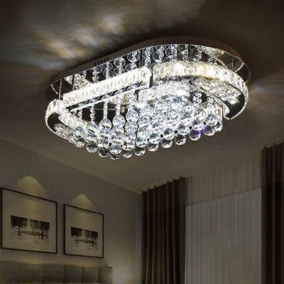 Bevel Cut Glass Oval Semi Flush Mount Modern Stainless-Steel LED Ceiling Light Fixture with Dropped Crystal Balls