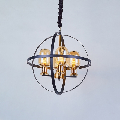 Black-Gold Globe Cage Chandelier Lamp Industrial 4/6 Heads Iron Ceiling Hang Fixture with Oblong Amber Glass Shade