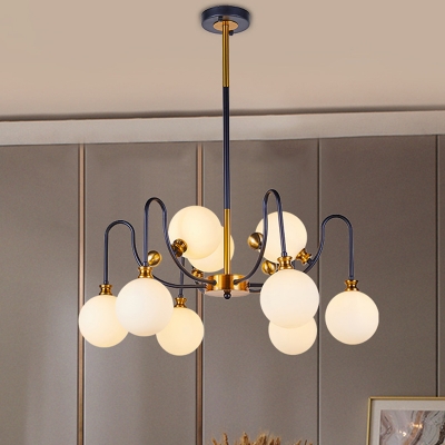 Black-Gold Sphere Hanging Lamp Kit Postmodern 6/9 Lights White Frosted Glass Pendant Chandelier with Gooseneck Arm