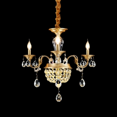 Brass 3/5 Bulbs Hanging Lamp Retro Style Clear/Amber Crystal Candle Chandelier for Dining Room