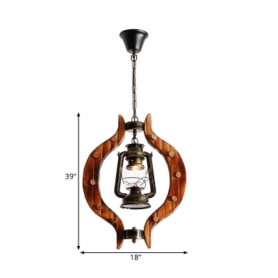 Bronze Lantern Shape Suspension Light Antiqued 1 Head Metal Pendant Lamp with Wood Frame