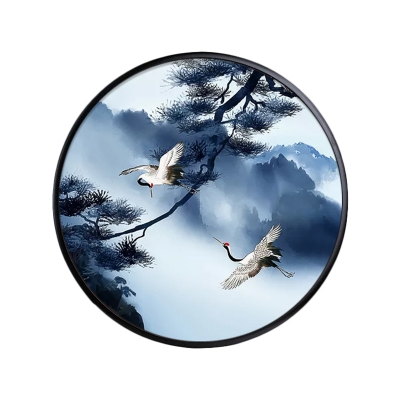 Circle Wood Wall Mural Lighting Fixture Asian Grey/Blue LED Wall Sconce with Mountain and Sun/Crane and Pine Tree Pattern