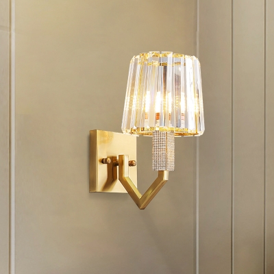 Contemporary 1-Light Wall Sconce Lighting with Prismatic Optical Crystal Shade Gold Tapered Wall Mount Lamp