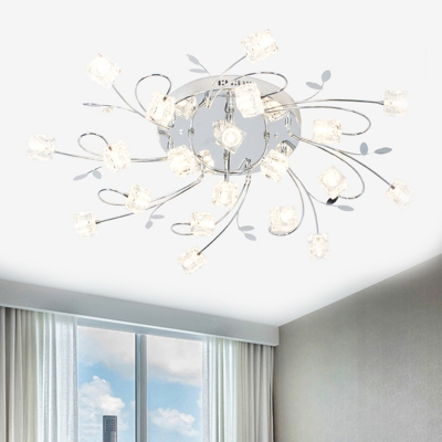Cube Clear Crystal Ceiling Lamp Contemporary 11/20 Lights Chrome Finish Semi Flush Mount Lighting with Twisted Arm