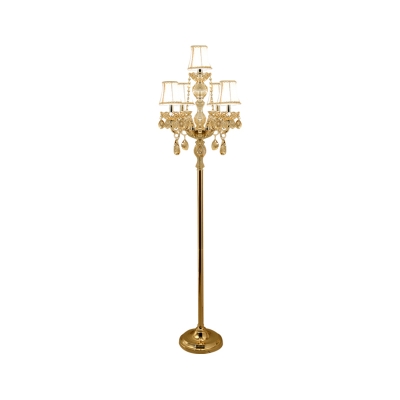 Curved Arm Living Room Floor Lamp Country Crystal 5/6-Light Gold Standing Floor Light with/without Shade