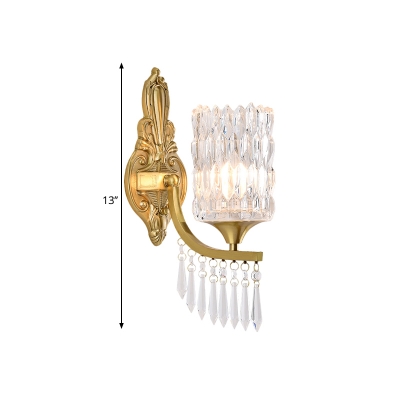 Cylindrical Wall Light Fixture Modern Prismatic Optical Crystal 1 Head Hallway Wall Mount Lamp in Gold