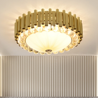 Dome White Glass Flushmount Post-Modern 6 Bulbs Bedroom Ceiling Flush Light in Brass with Crystal Rim