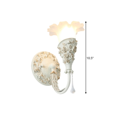 Flower White Glass Wall Lighting Rural Style 1 Bulb Bedroom Wall Mounted Light in Silver/Ivory