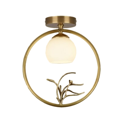 Globe Doorway Flush Mount Fixture Rustic Style Opal Glass 1-Head Brass Ceiling Light with Peacock/Plant/Branch Deco