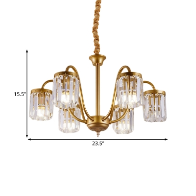Gold Cylinder Down Lighting Contemporary Clear Crystal 6/8-Light Pendant Chandelier with Curvy Arm