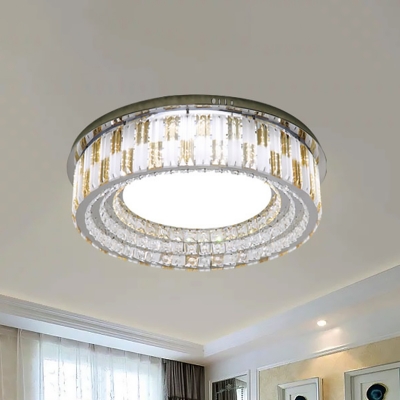 Hollowed Out Drum Bedroom Ceiling Lamp Modern Clear Crystal Stainless Steel LED Flush Mount, 23.5