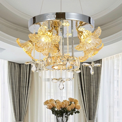 Lily Blossom Restaurant Chandelier Modern Stylish Amber Crystal Chrome LED Hanging Light