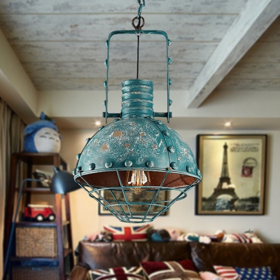 Metal Domed Shade Pendulum Light with Cage Design Rustic 1 Bulb Restaurant Ceiling Hang Fixture in Blue-Green