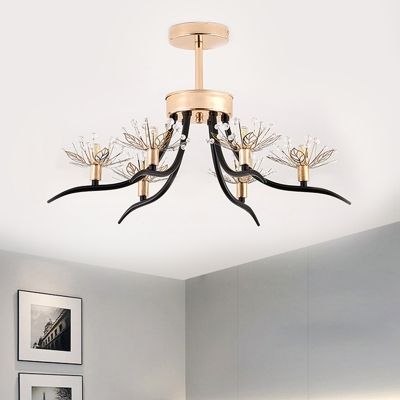 Metallic Dandelion Ceiling Fixture Contemporary 6 Lights Semi Flush in Black with Branch Design