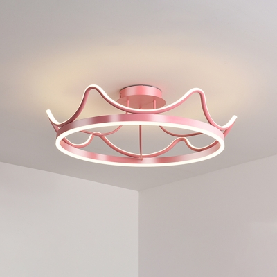 Modern Crown LED Semi Mount Lighting Metal Sleeping Room Close to Ceiling Lamp in Pink/Gold