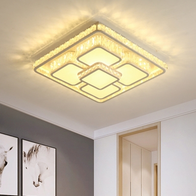 Modernity Square Flush Mount Ceiling Light White Acrylic LED Bedroom Lighting Fixture in Warm/White Light with Crystal Block Accent