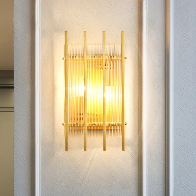 Postmodern Cylindrical Flush Mount 2-Bulb Clear Ribbed Crystal Wall Light Sconce in Gold