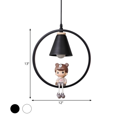 Ring and Cone Metal Pendulum Light Cartoon 1-Bulb Black/White Pendant Lighting with Boy/Girl/Sika Deer Deco