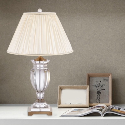 Rustic Tapered Shade Night Table Light 1 Light Pleated Fabric Table Lamp in White with Crystal Urn Base