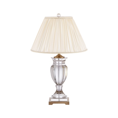 Rustic Tapered Shade Night Table Light 1 Light Pleated Fabric Table Lamp in White with Crystal Urn Base