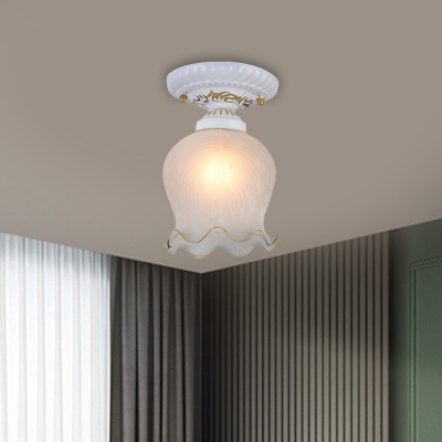 White 1 Bulb Flushmount Lighting Rural Style Ribbed Glass Scalloped Ceiling Light Fixture