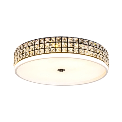 White Round LED Flush Mount Minimalistic Crystal Bedroom Ceiling Lighting Fixture, 16/19.5 Inch Wide
