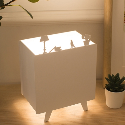 1 Light White Cuboid Table Lamp Minimalist Metallic Task Lighting with Cat/Bird/Man Design
