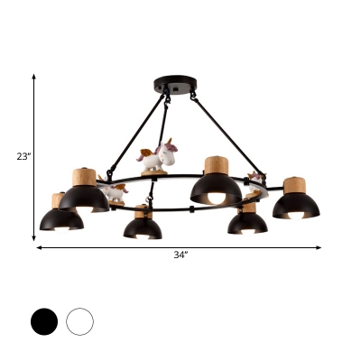 3/6 Lights Black/White Dome Drop Pendant Minimalist Metallic Hanging Chandelier with Horse/Deer Deco
