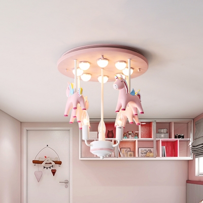 3 Heads Pink Unicorn Ceiling Light Macaron Metallic Semi Flush Chandelier for Nursery