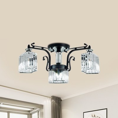3 Lights Rectangle Semi Flush Mount Lighting Contemporary Clear Crystal Ceiling Fixture in Black for Restaurant