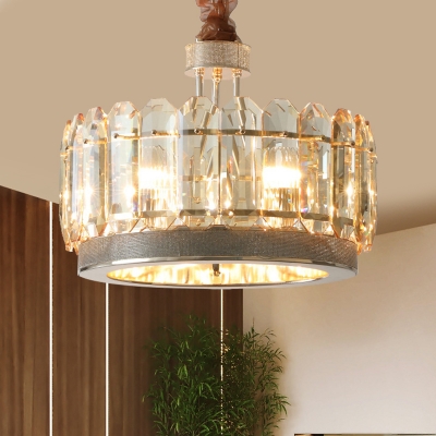 6 Lights Cylinder Suspension Lighting Contemporary Metal Chandelier Lamp in Grey with Crystal Shade