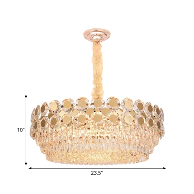 9/15 Bulbs Clear Crystal Chandelier Contemporary Gold Tiered Round Dining Room Drop Lamp, 19.5