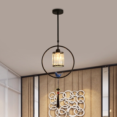 Bevel Crystal Square/Round Pendant Modern 1 Head Black/Gold Hanging Ceiling Light with Ring Design