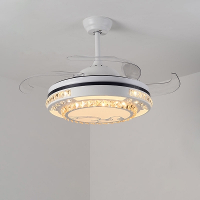 Beveled Crystal Encrusted Round Fan Lamp Modern 4-Blade Bedroom LED Semi Flush Ceiling Light in White, 21.5